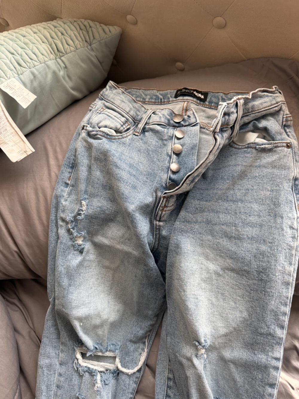 Fashion Nova Light Blue Distressed Boot Cut Jeans